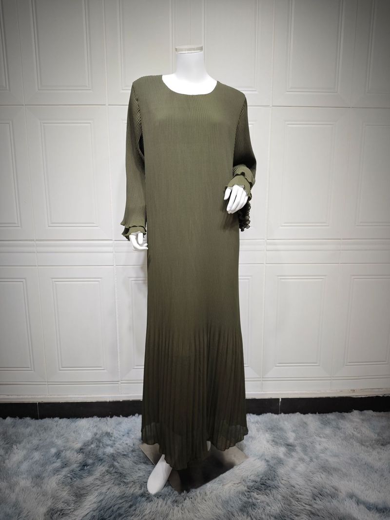Damenbekleidung Muslim Dubai Pullover Robe Chiffon Plissee Kleid Naher Osten Einfarbig_voghion.com