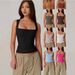 Summer New Women's Square Neck Sleeveless Double Layer Vest Basic Tight T Shirt Black_voghion.com