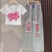 Nuovo design per abbigliamento estivo per bambine 2025 - Jeans a maniche corte con foro e graffiti in stile coreano per bambine di taglia grande_voghion.com