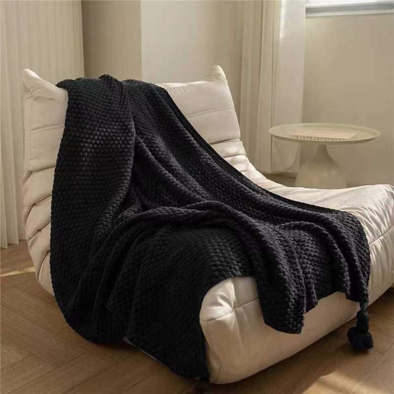 Hochwertige, gestrickte Samtdecke im nordischen Stil für das Büro, Nickerchen, Schwarz, Premium-Sofadecke_voghion.com