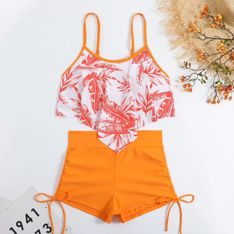 Maillot de bain imprimé multicolore avec grandes feuilles de lotus et cordon de serrage_voghion.com