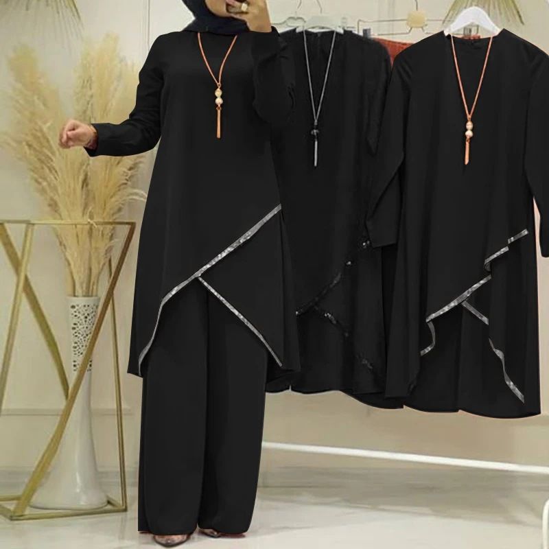 Femme musulmane deux pièces à manches longues col rond chemise à manches longues pantalon large costume décontracté solide costume pour femme_voghion.com