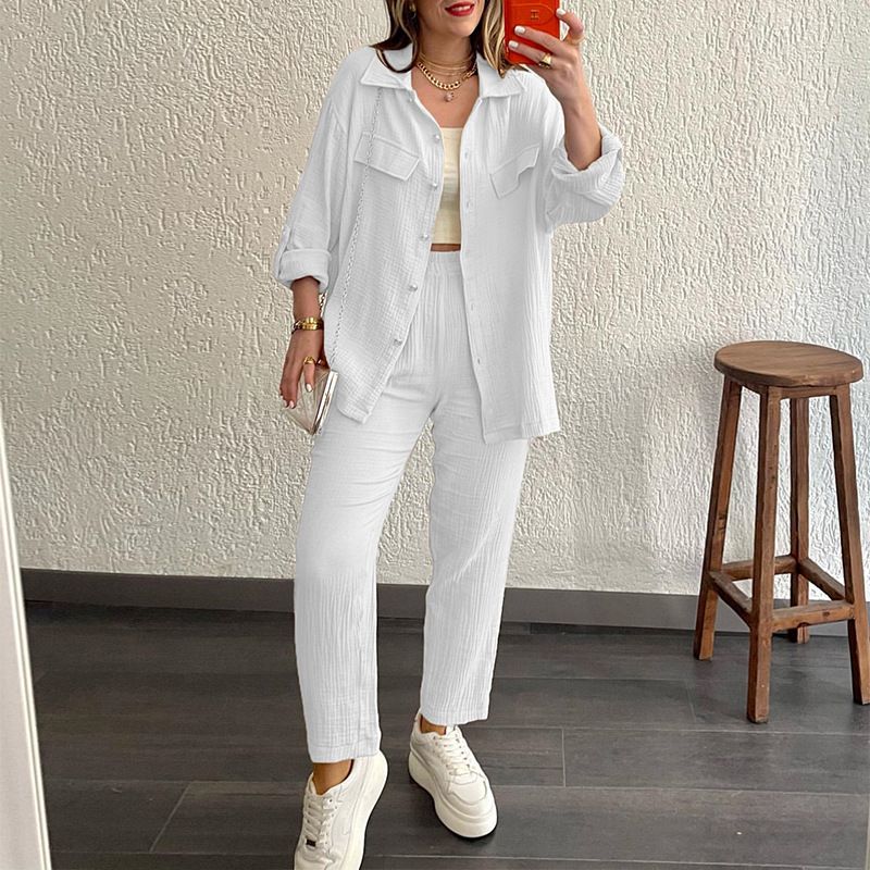 Vêtements pour femmes grande taille Chemise à manches longues à revers en crêpe double couche ample de grande taille Costume décontracté_voghion.com