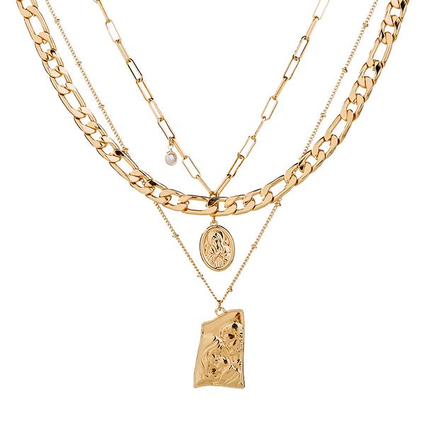European And American Cross-Border Hip-Hop Trend Cuban Chain With Character Tag Multi-Layer Stacking Necklace Wholesale_voghion.com