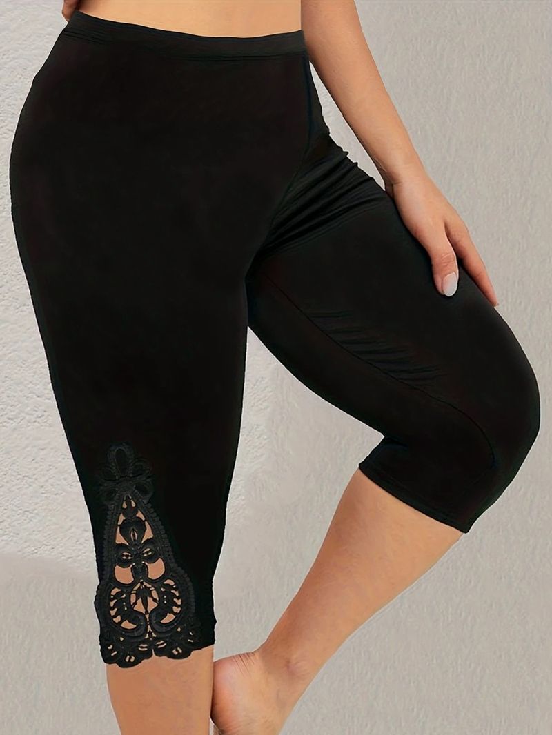 Women's large size leggings with embroidered splicing design, slim elastic waist, three-point leggings for outer wear_voghion.com