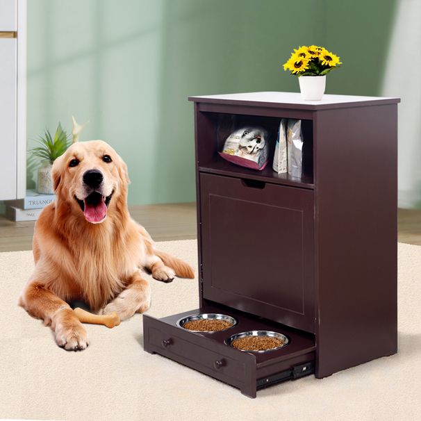 Pet Feeder Station with Storage,Made of MDF and Waterproof Painted,Dog and Cat Feeder Cabinet with Stainless Bowl_voghion.com