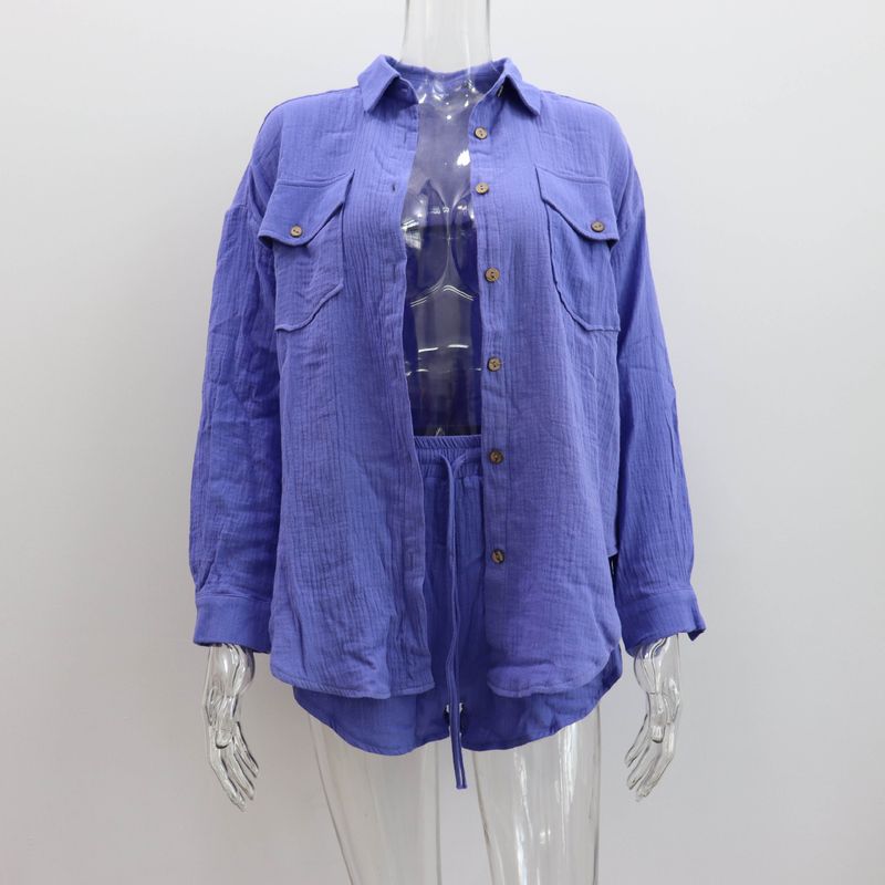 Îmbrăcăminte pentru femei, nouă sosire, cămașă lejeră cu rever, pantaloni scurți cu talie înaltă, costum casual din două piese_voghion.com