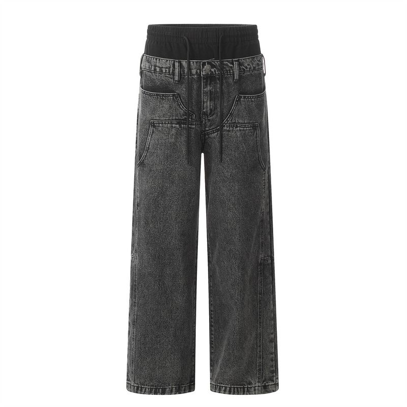 Herrenbekleidung Distressed Washed Jeans Zweiteilige Nähte Doppelbund-Design Personalisierte Arbeitskleidung Gerade Hose_voghion.com