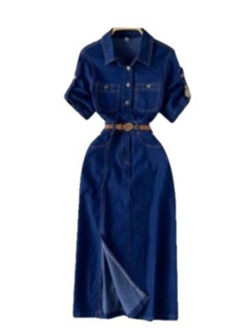 Women's Clothing High End Polo Collar Denim Dress Summer Split Belt Design Niche Temperament Long Skirt_voghion.com