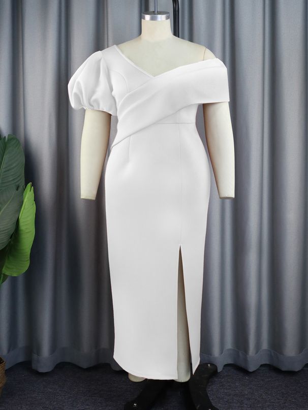 Elegant V-Neck Lantern Sleeve Party Dress - Flattering Black Formal Gown For Women, High Waist Asymmetric Hem, Plus Size Available (S-XXL)_voghion.com