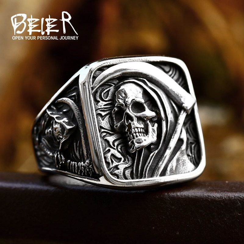 Anello da uomo Beier in acciaio inossidabile con teschio punk hip-hop Grim Reaper_voghion.com