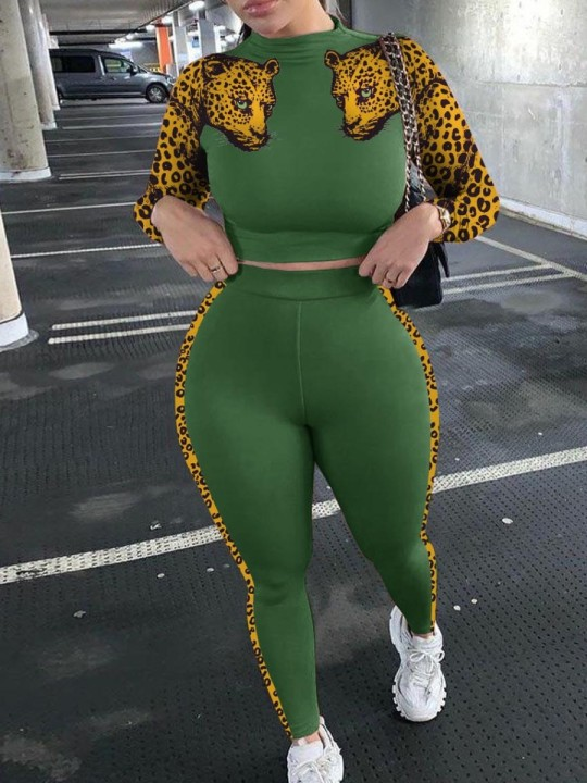 Leopard head print waist women's top + hip lifting pants_voghion.com