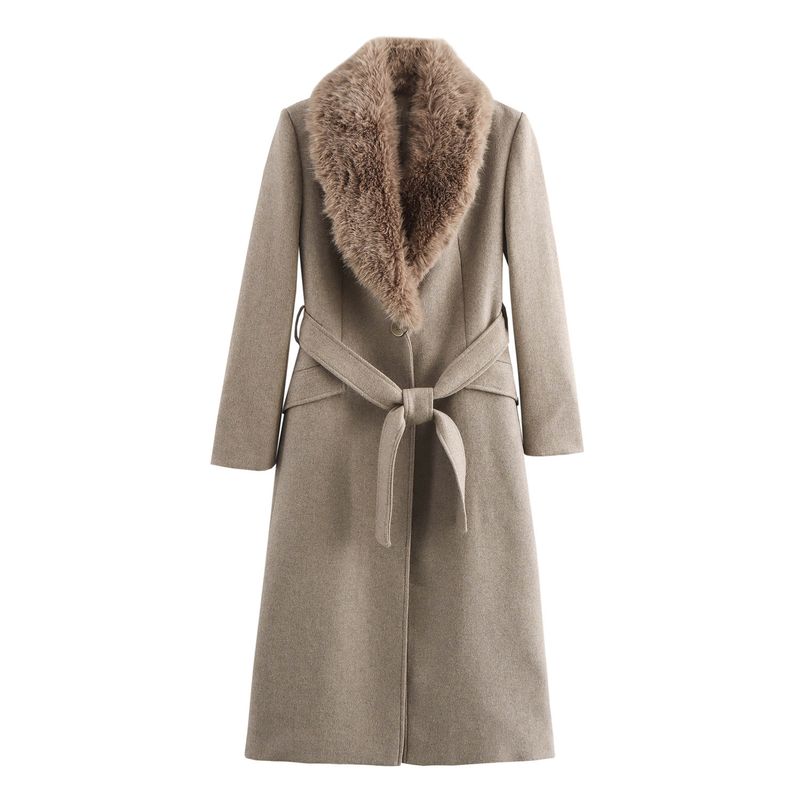 ​​Damenmantel aus Wollmischung mit luxuriösem Kunstpelzkragen – eleganter Spitzenbesatz, mittellanger Trenchcoat-Stil für den frühen Frühling (Schwarz/Khaki, Größen XS-L_voghion.com