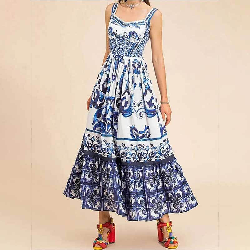 Women's fashion square neck halter skirt pleated slim high-waisted dress_voghion.com