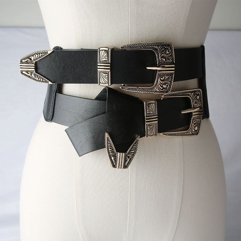 Decorazione con doppio bottone intagliato in metallo con ampia cintura e camicia lunga per donna alla moda elastica dimagrante_voghion.com