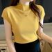 Women's summer new solid color simple short-sleeved knitted sweater top sleeveless half turtleneck short ice silk_voghion.com