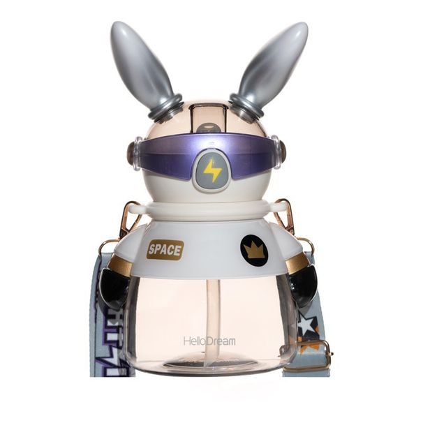 Tazza spaziale con coniglio fulmine fatto a mano, 1000 ml, creativa, con coperchio volante, cannuccia, in plastica_voghion.com