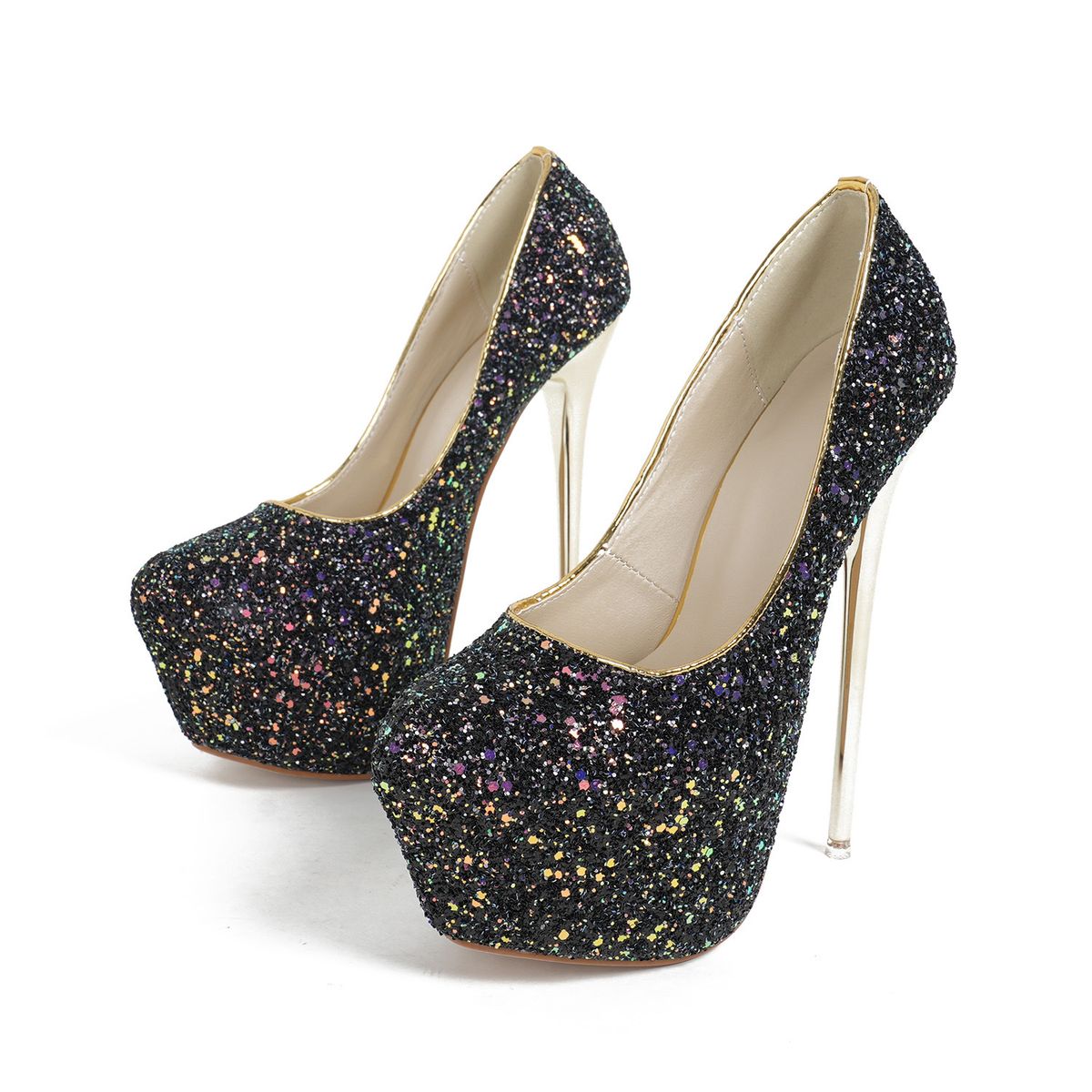 Neue schmale Single-Schuhe mit hohem Absatz und runder Spitze, flachen Pailletten, Farbwechsel, sexy, Damenschuhstil in Übergröße 45_voghion.com