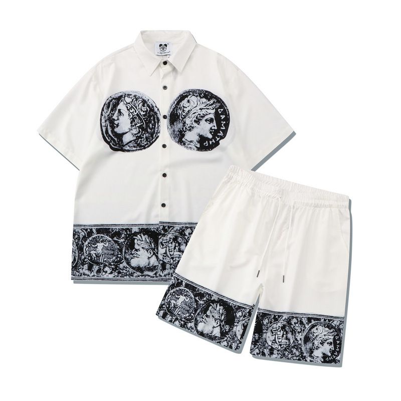 Men's Clothing Retro British Black And White Digital Printed Shirt Suit Loose Shorts Beach Short Sleeved Suit_voghion.com