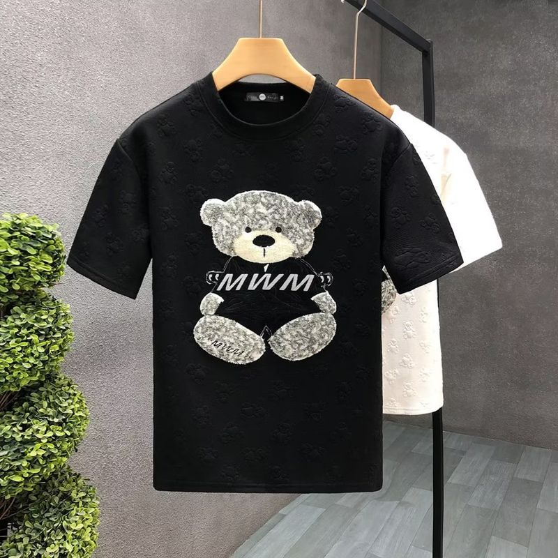Men's clothing Bear embroidered short-sleeved T-shirt for young men handsome round neck T-shirt summer new men's cartoon_voghion.com