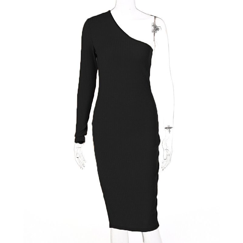 Women's Clothing fashion solid color knitted slanted shoulder slit dress_voghion.com