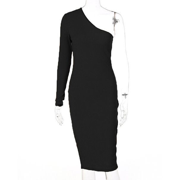 Women's Clothing fashion solid color knitted slanted shoulder slit dress_voghion.com
