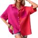Verve 2025 Sommer Button-Up Revers Patchwork Kurzarm Casual Top Damen Shirt_voghion.com