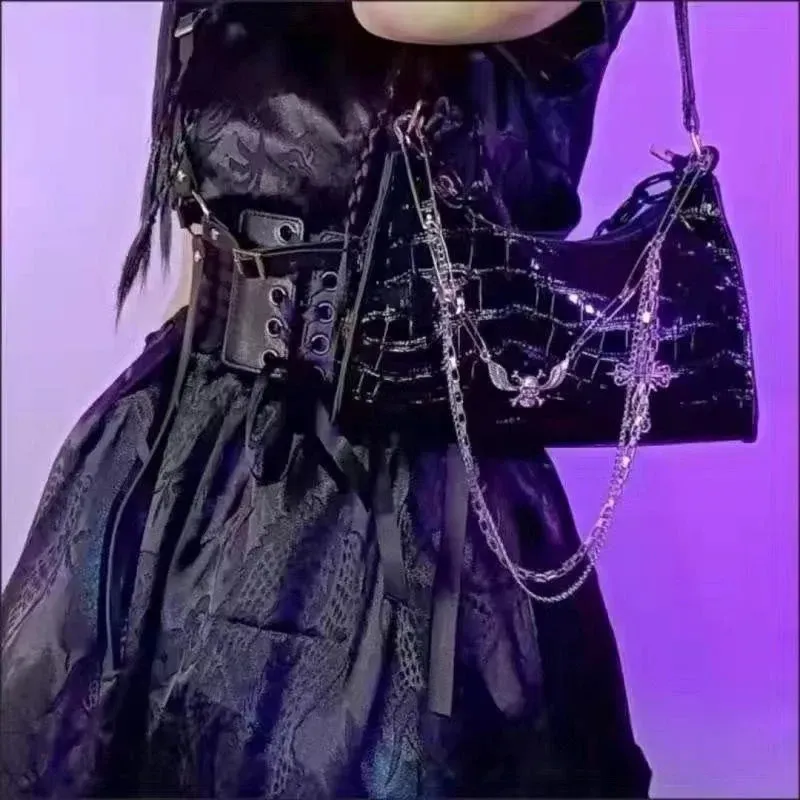Gothic Black Punk Armpit Bag With Skull Shoulder Y2k Chain Pattern Cross Body Korean Pop Aesthetic 250408l_voghion.com
