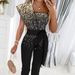 Women's  new product solid color sleeveless belt decorated jumpsuit slim fit splicing sequined women's trousers_voghion.com