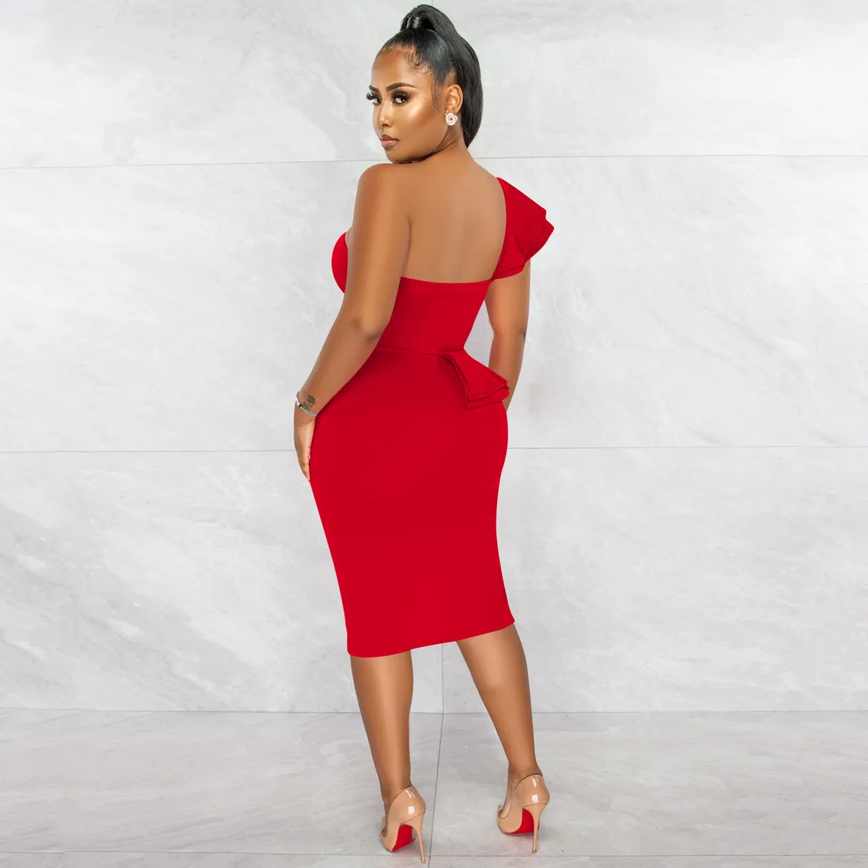 Women's Clothing fashion casual ruffled slit one shoulder sleeve dress women's clothing_voghion.com