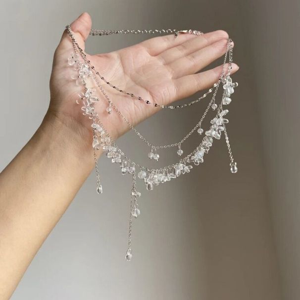 White Rhinestone Fringed Necklace Women's Summer Cooling Neck Chain Multi-layer Stacked Choker Collarbone Chain Accessories_voghion.com