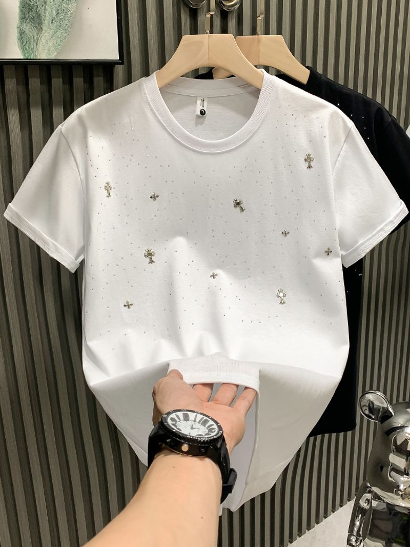Celebrità europee di Internet, croce di nicchia, marchio di tendenza della moda con diamanti caldi, T-shirt da uomo di lusso leggero, metà giovanile corta_voghion.com