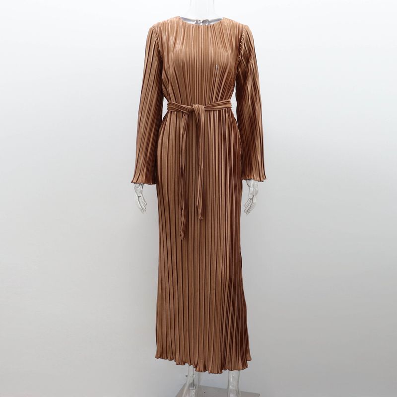 Women's Clothing spring and autumn new fashion long skirt female leisure solid color round neck trumpet sleeve pleated dress_voghion.com