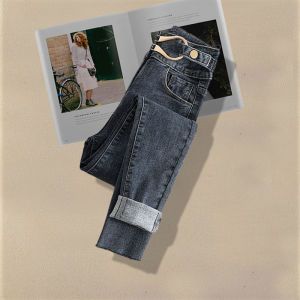 Women's Clothing Fashion All Match Temperament Foreign Style Tops Slim Casual Jeans_voghion.com