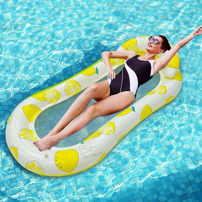 Chaise longue flottante pour piscine de loisirs en plein air, avec dossier et cou, imprimée au citron, filet à clip, pour adulte_voghion.com