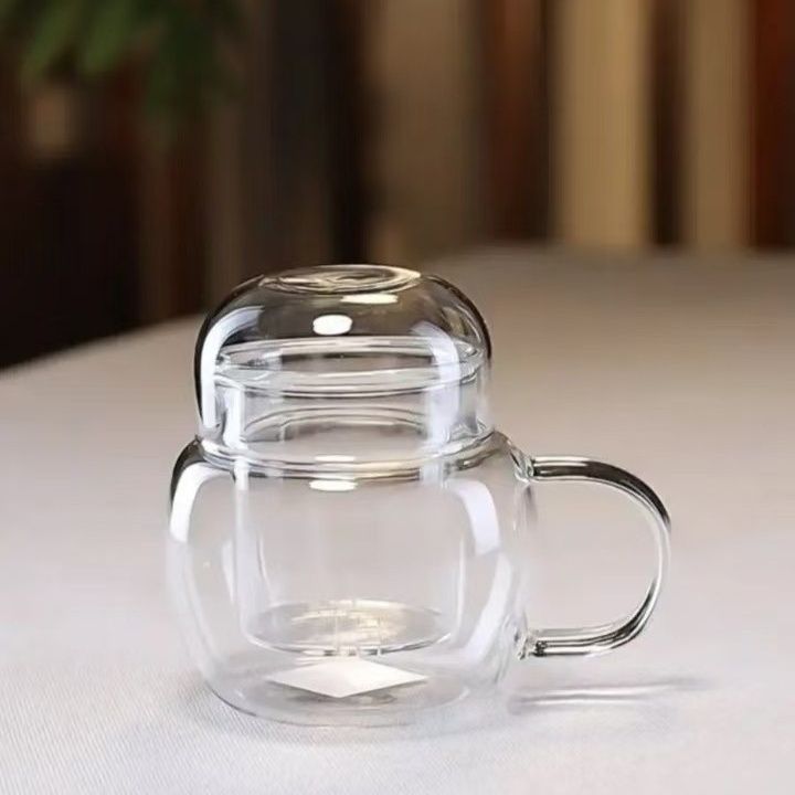 Conjunto de 3 xícaras de chá de vidro espesso com tampas, xícaras de chá redondas e divertidas, xícaras de chá de vidro borossilicato com alto teor de resistência ao calor para escritório_voghion.com