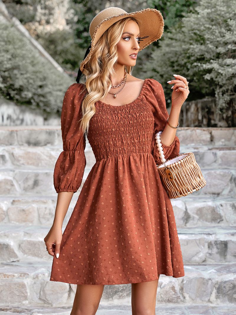 2023 Casual Sommer Damen Mode V-ausschnitt Einfarbig Taille Kleine Pelz Ball Kleid für Frauen_voghion.com