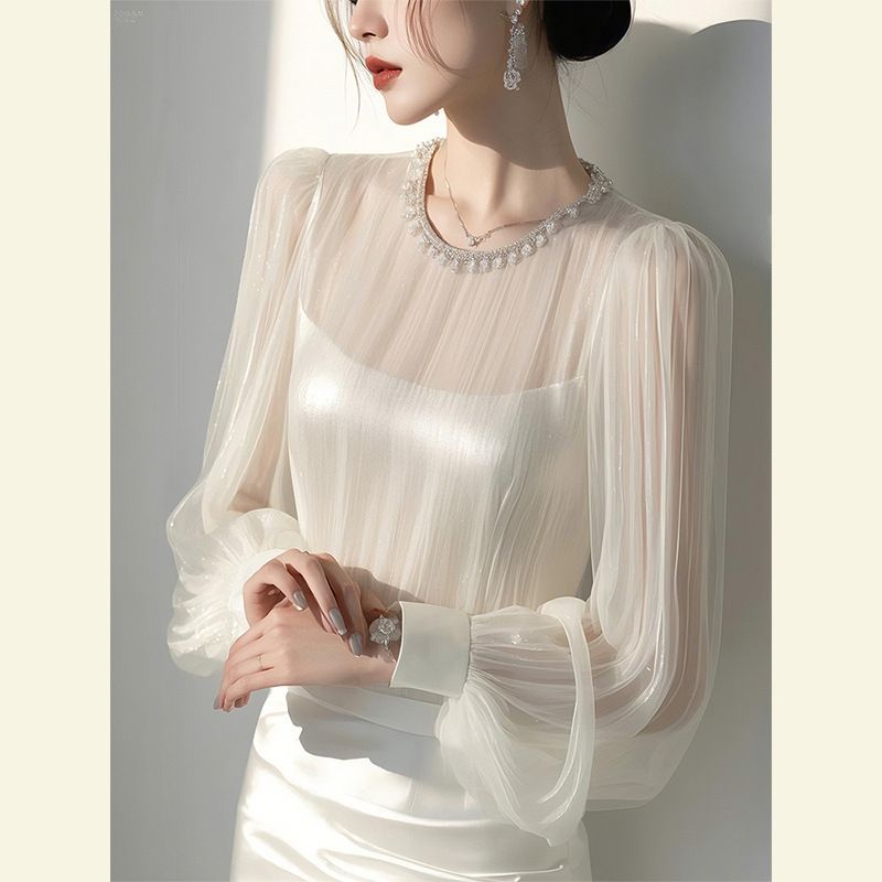 Women's Clothing Fashionable Age Reducing Cold High End White Slightly Transparent Chiffon Long Sleeved Shirt_voghion.com
