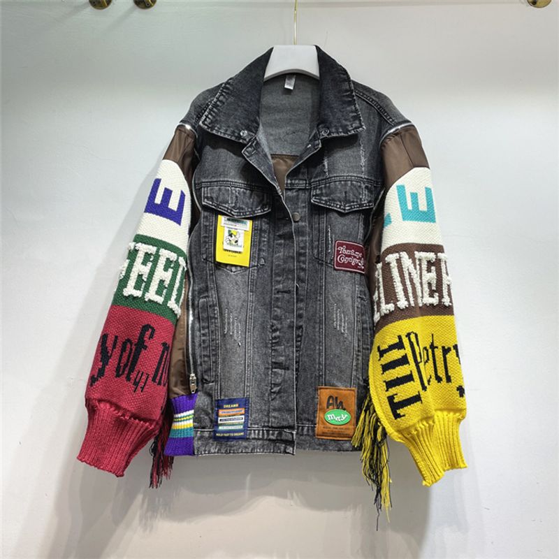 Women's Clothing Autumn Loose Tassel Fashionable Heavy Embroidery Splicing Denim Jacket Tops _voghion.com