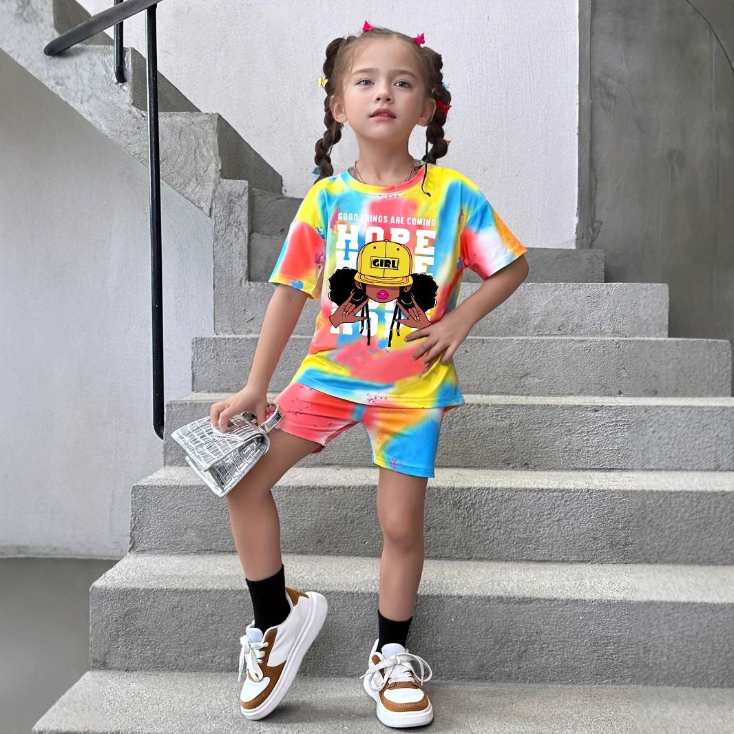 Anne ve Çocuk INS Kızlar Yaz Rahat Kravat Boyalı Tam Baskılı Kısa Kollu 2 Parça Set Moda Rahat Spor Takım Elbise_voghion.com