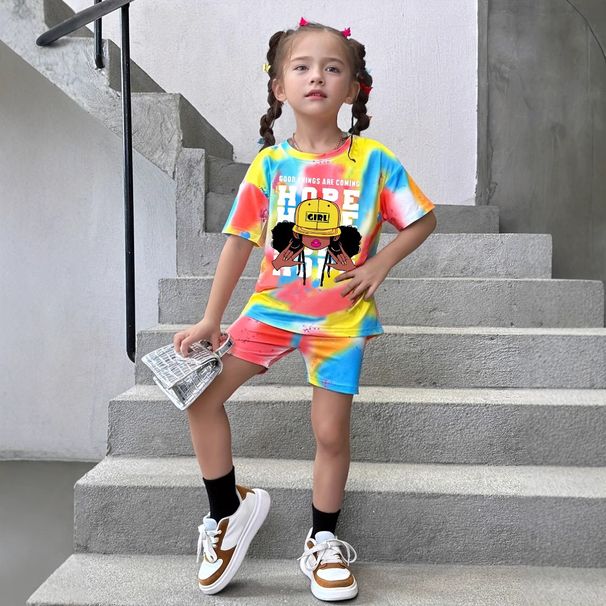 Anne ve Çocuk INS Kızlar Yaz Rahat Kravat Boyalı Tam Baskılı Kısa Kollu 2 Parça Set Moda Rahat Spor Takım Elbise_voghion.com