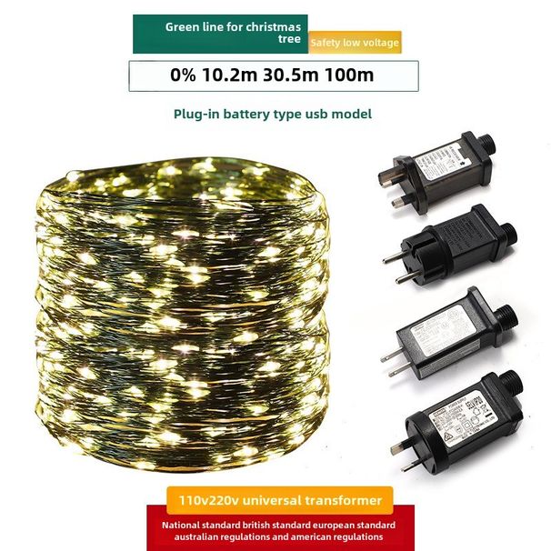 Guirlande lumineuse en fil de cuivre pour sapin de Noël, fil vert, fil de cuivre, étoiles, plantes vertes, décoration de cour en rotin de Noël_voghion.com