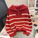 Color Block Striped Sweater Women's Pullover Knit Top With Half-Zip Design, Loose Fit Casual Long Sleeve Crewneck_voghion.com