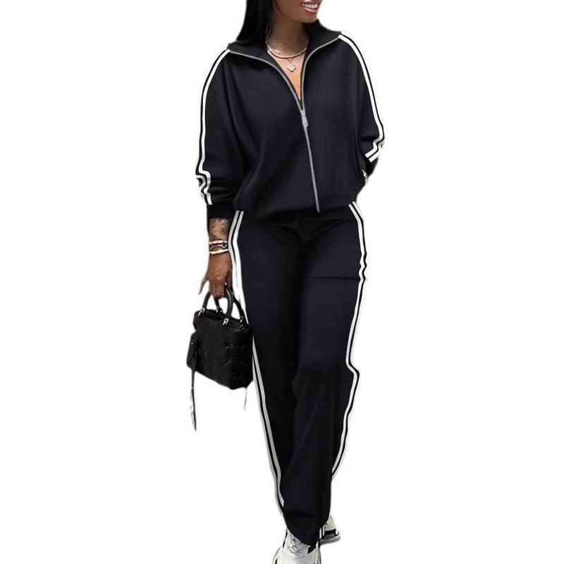 Damenbekleidung Revers Gestreifter Reißverschluss Überschnittene Schultern Pullover Hosen Set Zweiteiliges Set_voghion.com