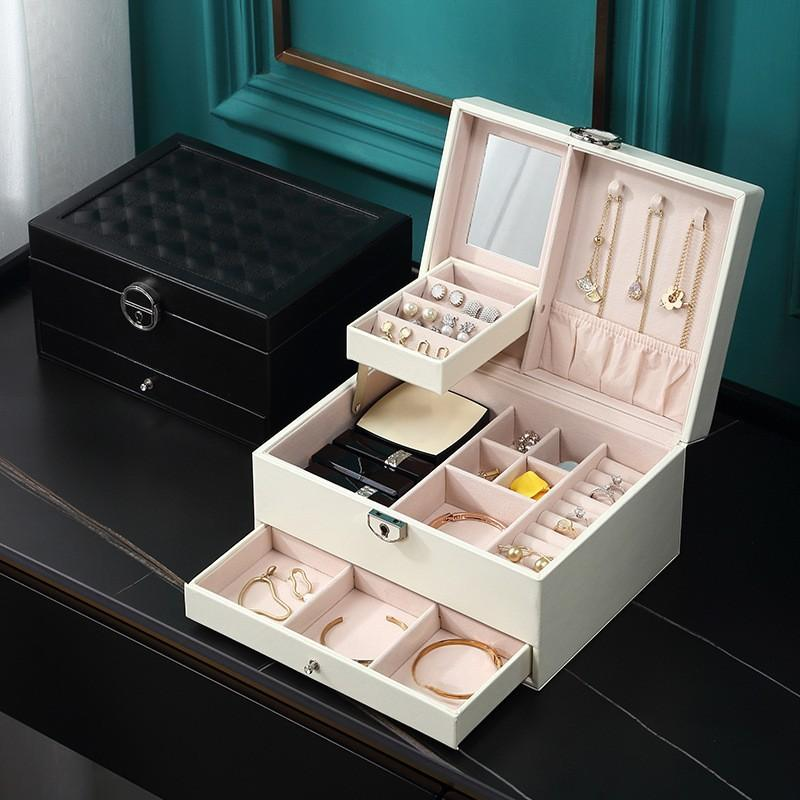 Jewelry Storage Box Large Capacity PU Leather Organizer With Mirror Lock Multi-Layer Design For Earrings Rings Necklaces Bracelets Home Use_voghion.com