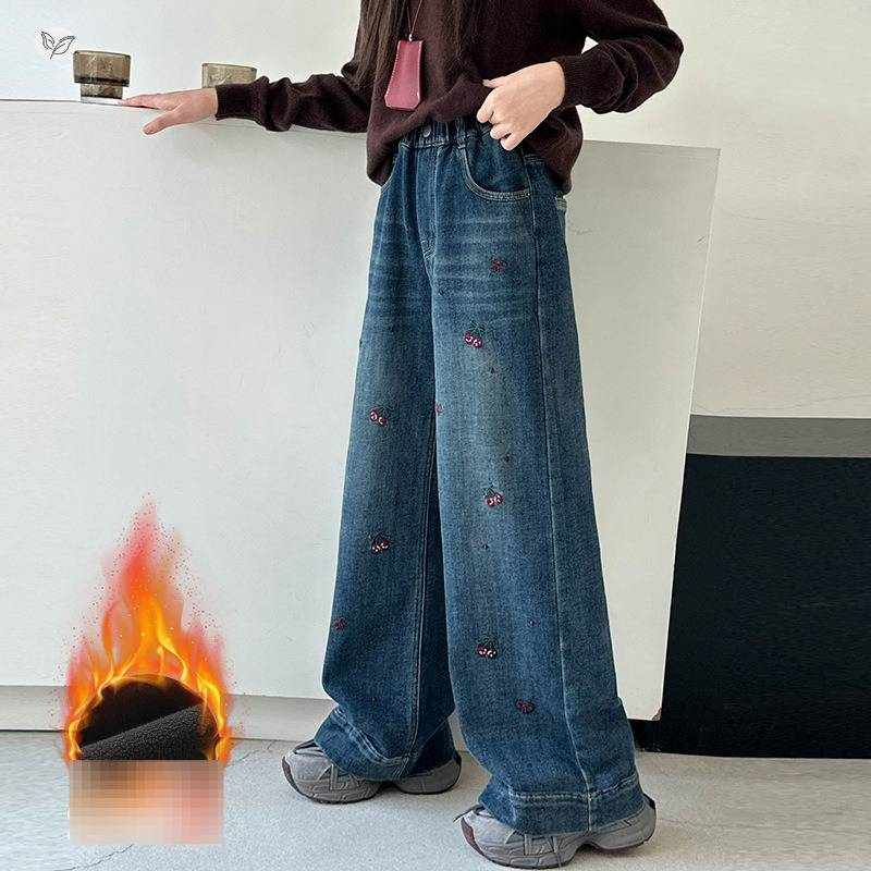Jean évasé brodé pour filles avec doublure polaire – Pantalon d'hiver tendance à jambes larges et taille haute pour préadolescentes (120-170 cm, motif cerises)_voghion.com
