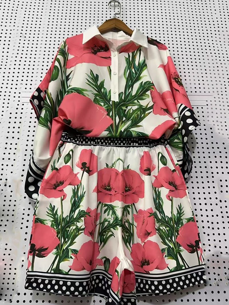 Damenbekleidung Retro Geometrischer Druck Revers Pullover Hemd Zweiteiliger Anzug Shorts mit weitem Bein Modeanzug_voghion.com