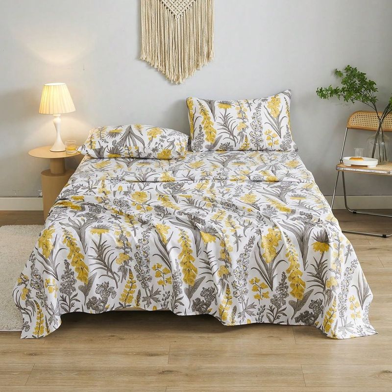 Lençol de cama com quatro peças, lençol plano com elástico e fronha, para cama de casal ou queen/king size_voghion.com