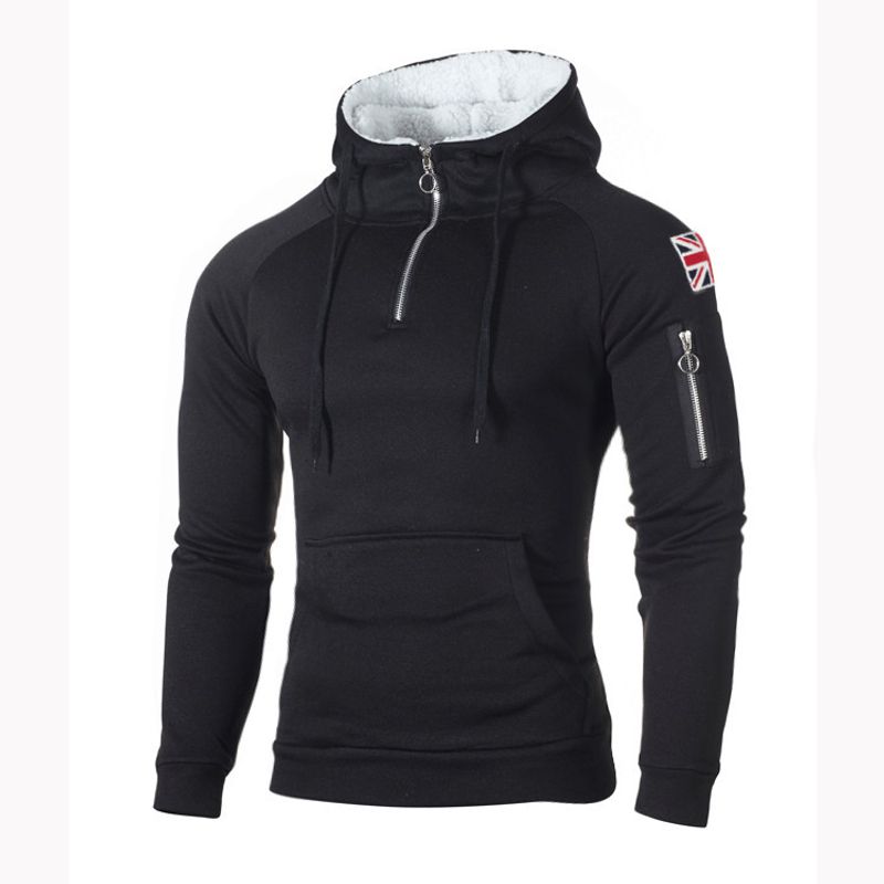 Herrenpullover mit verziertem Reißverschluss am Ausschnitt, Kapuze, lange Ärmel, Yonago-Sweatshirt mit beschrifteter Tasche_voghion.com