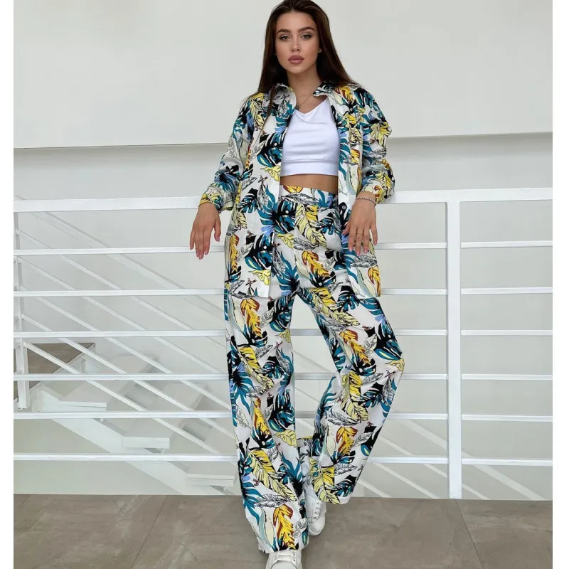 Costume décontracté pour femmes, mode d'automne, imprimé floral, grande taille, haut ample, taille haute, pantalon à jambes larges_voghion.com